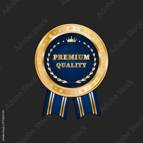 Premium award quality badge luxury design, High quality badge gold medal icon with ribbon, Vector gold medal with diamonds on dark background.