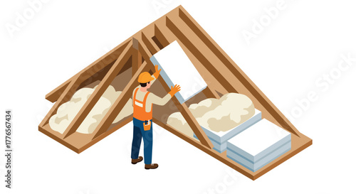 Worker installing insulation in attic space for energy efficiency