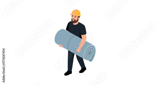 Construction worker carrying roll in isometric style on white background