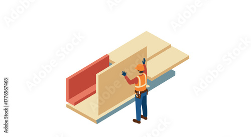 Isometric construction worker in orange vest handling building materials
