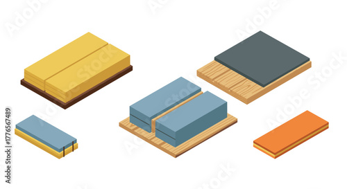 Isometric construction materials set with wooden, concrete, and steel elements