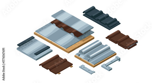 Roofing materials in isometric view featuring metal and clay tiles