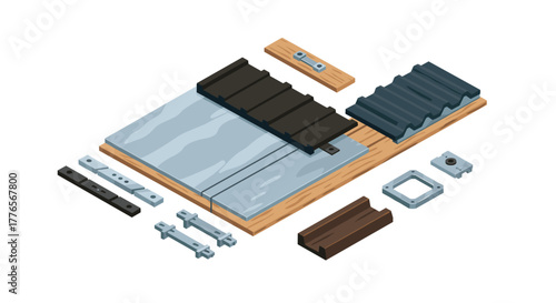 Isometric construction materials set with metal sheets and wood planks