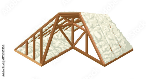 Attic insulation installation with wooden roof truss structure