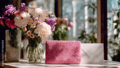 Wallpaper Mural Elegant Still Life - Flowers, Clutch, and Envelope on Table. Torontodigital.ca