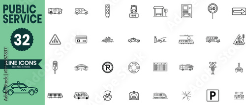 Public Service Line Icons Set – 32 Minimalist Transportation and City Service Symbols