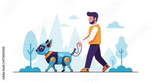 A Man Walks Robotic Dog in Vector Style, Modern Illustration of Future Pets