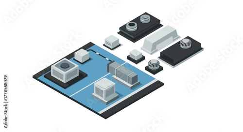 Isometric 3d city buildings and structures on a blueprint layout