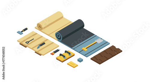 Isometric home flooring tools and materials set with hardwood and vinyl options