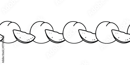 Peach seamless border in minimalistic style. Hand drawn Black and White line art of whole Fruit and Cut Slices graphic pattern. For product packaging, tape and fabric prints.