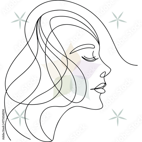 Minimalist continuous line drawing a woman's profile with closed eyes abstract beauty single lineart