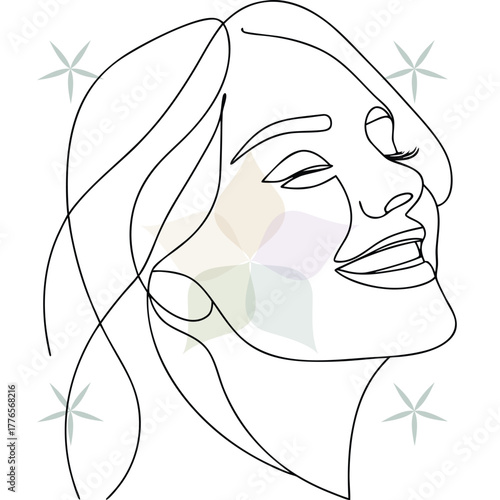 Continuous line art a woman's joyful profile with closed eyes abstract beauty single lineart
