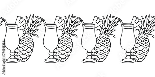 Summer Pina Colada Cocktail and Pineapple Fruit Seamless border pattern. Hand drawn graphic Vector illustration. Black and white line art in Doodle style. For packaging tape, fabric summer prints.