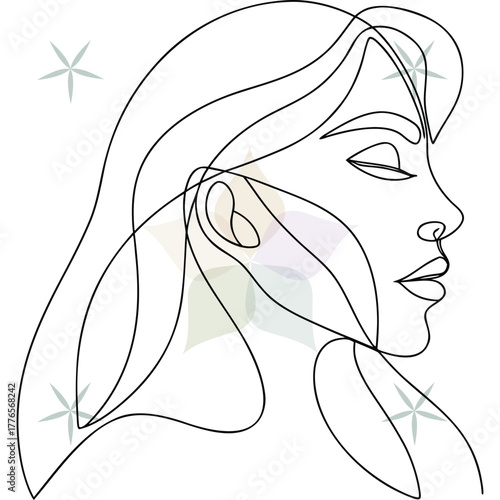 Minimalist single line drawing a woman's profile with subtle floral accents face abstract beauty single lineart