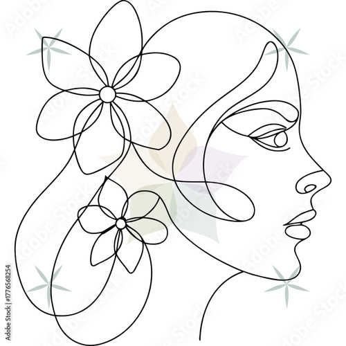 Single line drawing a woman's profile with flowers in her hair face head abstract beauty single lineart