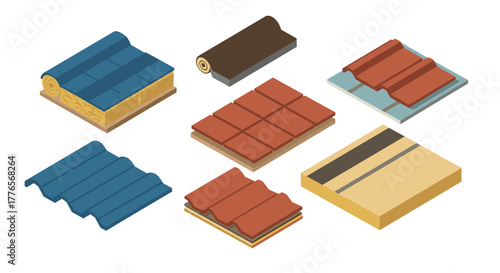 Isometric roof tiles set diverse colors and styles for architectural design