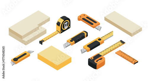Isometric set of measurement and cutting tools on white background