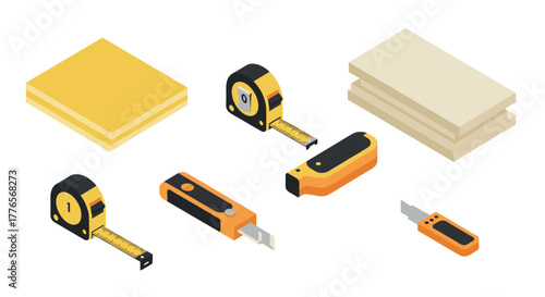 Isometric tools tape measure and utility knife with plywood and fiberboard sheets