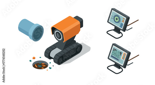 Isometric sewer inspection robot and monitoring screens for infrastructure analysis
