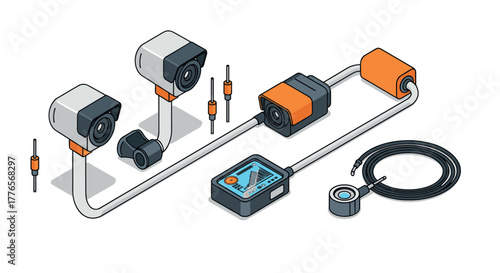 Modern surveillance equipment with connected security cameras and accessories in isometric style