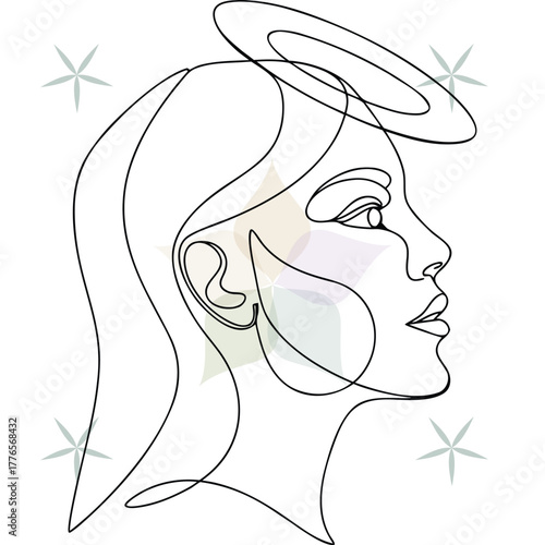 Line art a woman's profile with a halo starbursts Keywords: abstract beauty single lineart