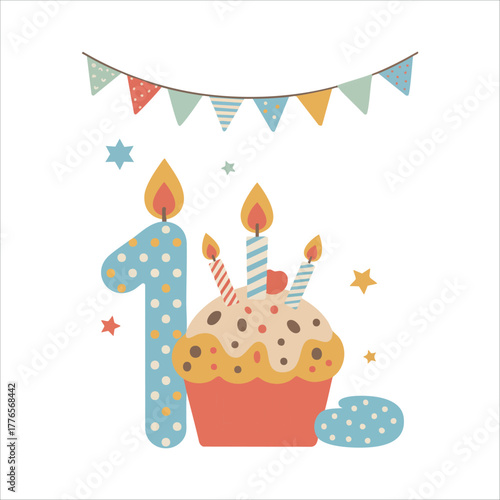 first birthday celebration card with candle and cupcake vector art isolated on white background