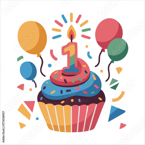 first birthday celebration card with candle and cupcake vector art isolated on white background