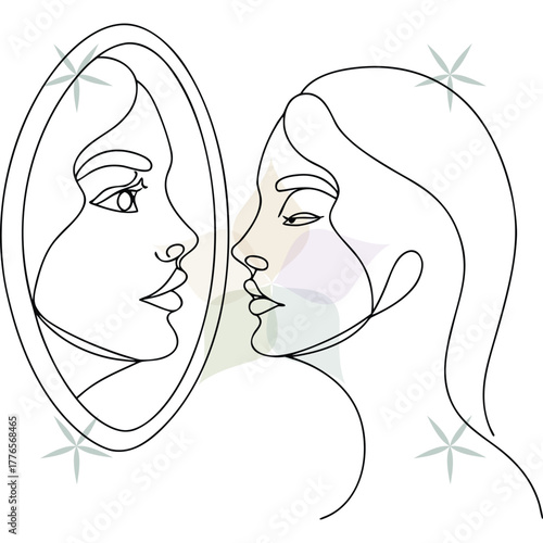 Woman looking in a mirror in continuous line art style Keywords: woman, profile, abstract beauty single lineart