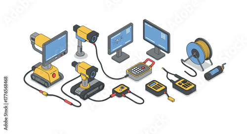 Isometric network cable installation tools and electronic devices on white background