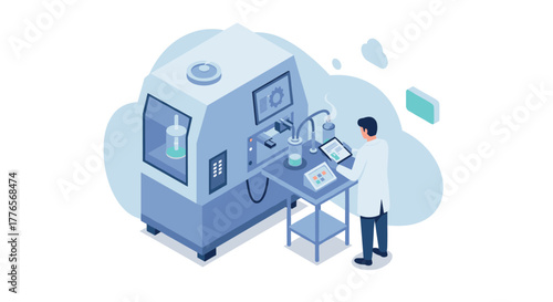 Advanced laboratory equipment with scientist in modern isometric design for research and development