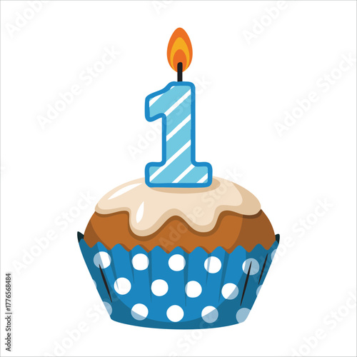 happy first birthday boy card with cupcake vector art isolated on white background