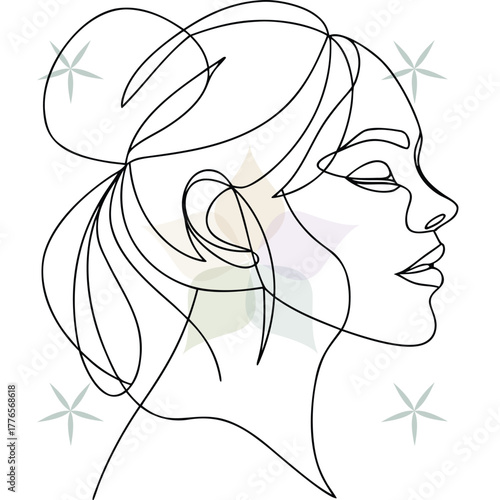 Continuous line drawing a woman's profile with closed eyes hair bun abstract beauty single lineart