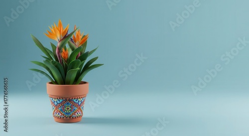 Wallpaper Mural Decorative terracotta planter holding vibrant tropical flowers against a soft blue background Torontodigital.ca