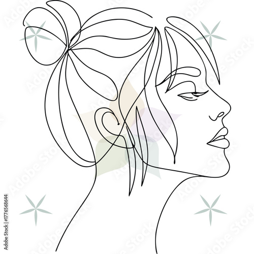 Woman Profile with Hair Bun Stars Line Art abstract beauty single lineart face head
