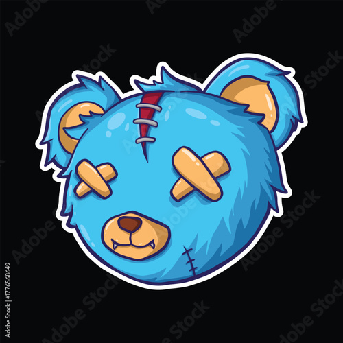 Cute yet distressed blue teddy bear head illustration with stitches and band-aids over its eyes on a black background.