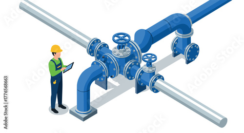 Isometric industrial pipeline with engineer overseeing valve operations