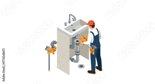 Isometric plumber fixing sink with tools in modern bathroom setting