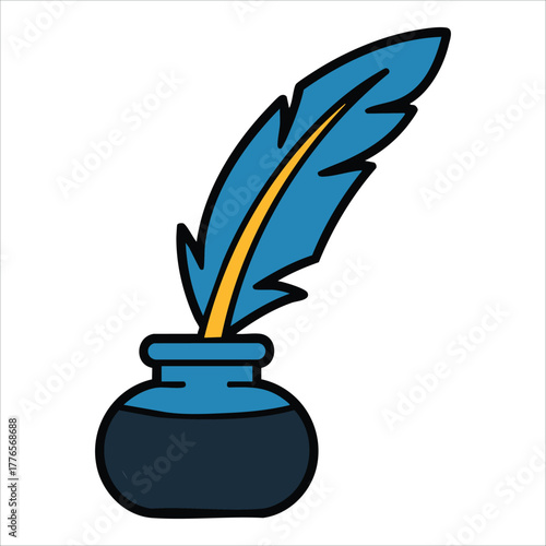 classic quill pen and antique inkwell vector art isolated on white background