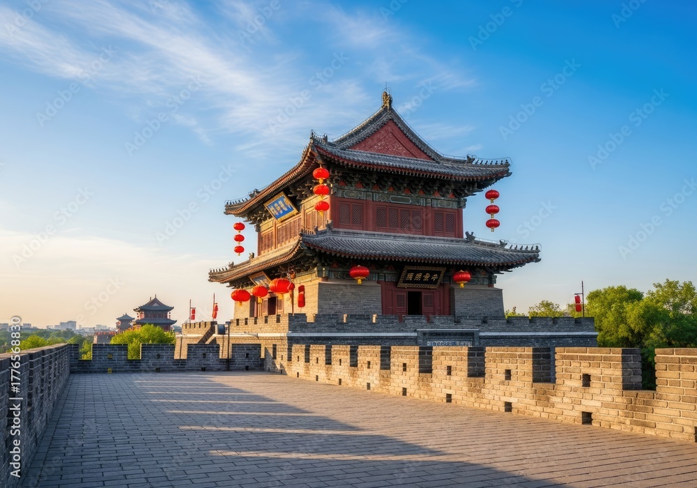 Naklejka premium Ancient Chinese City Wall of Xi'an fortification with Red Lanterns in Summer