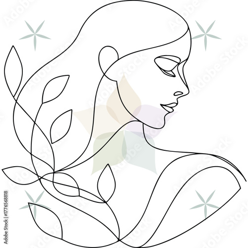 Woman Back View with Flowing Hair Leaves Line Art profile abstract beauty single lineart