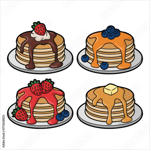breakfast pancakes with different syrup and fruit toppings vector art isolated on white background