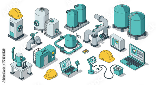 Industrial equipment isometric design with hard hats and control systems