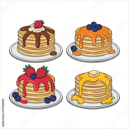 breakfast pancakes with different syrup and fruit toppings vector art isolated on white background