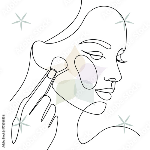 Woman Applying Makeup With Brush Continuous Line Art cosmetic abstract beauty single lineart
