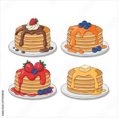 breakfast pancakes with different syrup and fruit toppings vector art isolated on white background