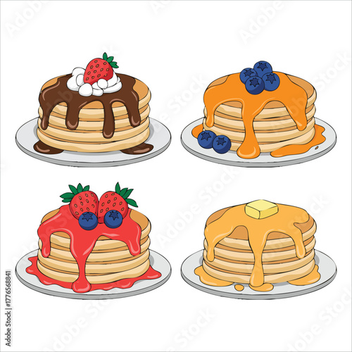 breakfast pancakes with different syrup and fruit toppings vector art isolated on white background