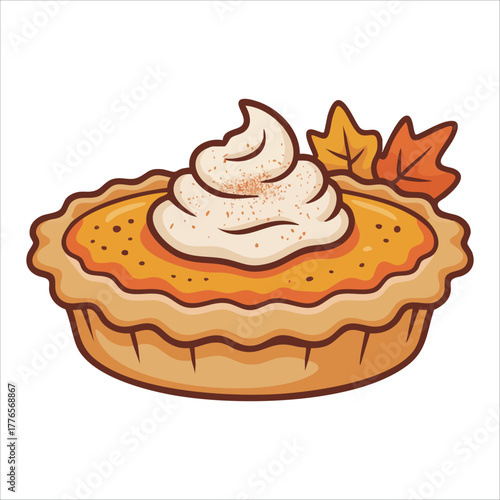 traditional Thanksgiving pumpkin pie with whipped cream vector art isolated on white background