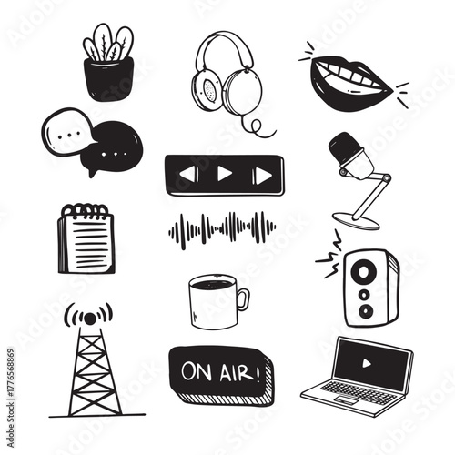 A collection of hand-drawn doodle icons representing podcasting, broadcasting, and audio recording elements.