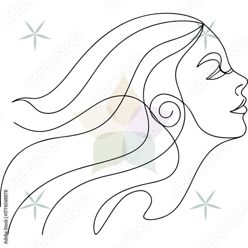 Woman With Flowing Hair Continuous Line Art Portrait wind abstract beauty single lineart