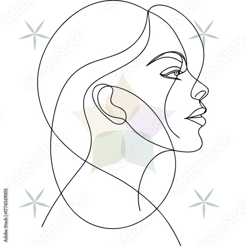 Continuous line art a woman's profile with an earring closed eyes, floral abstract beauty single lineart